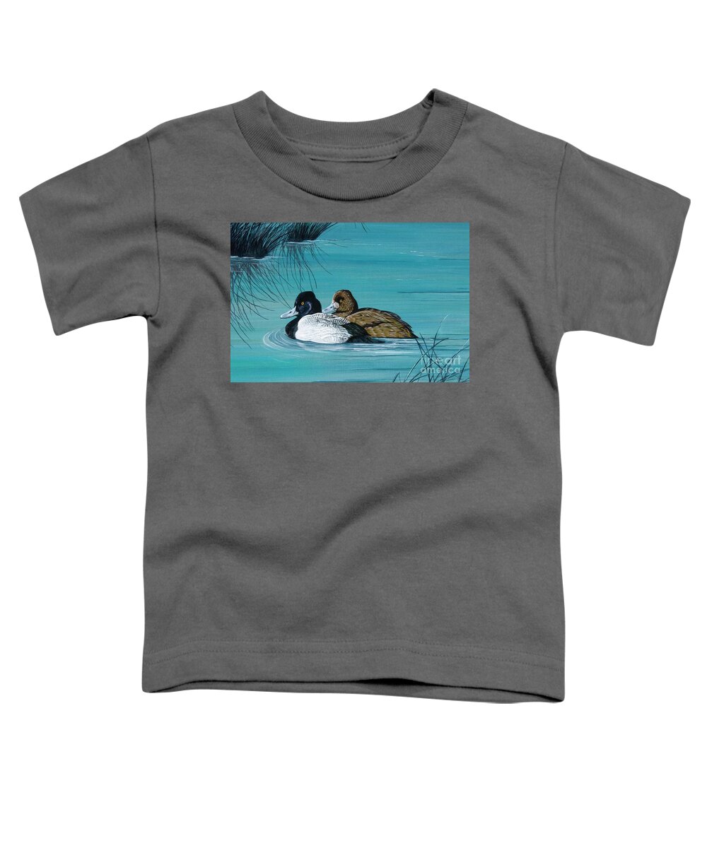 Duck|blue|water|nature|pond|lake|river| Toddler T-Shirt featuring the painting Out of the Blue Dad and Mom by Jennifer Lake