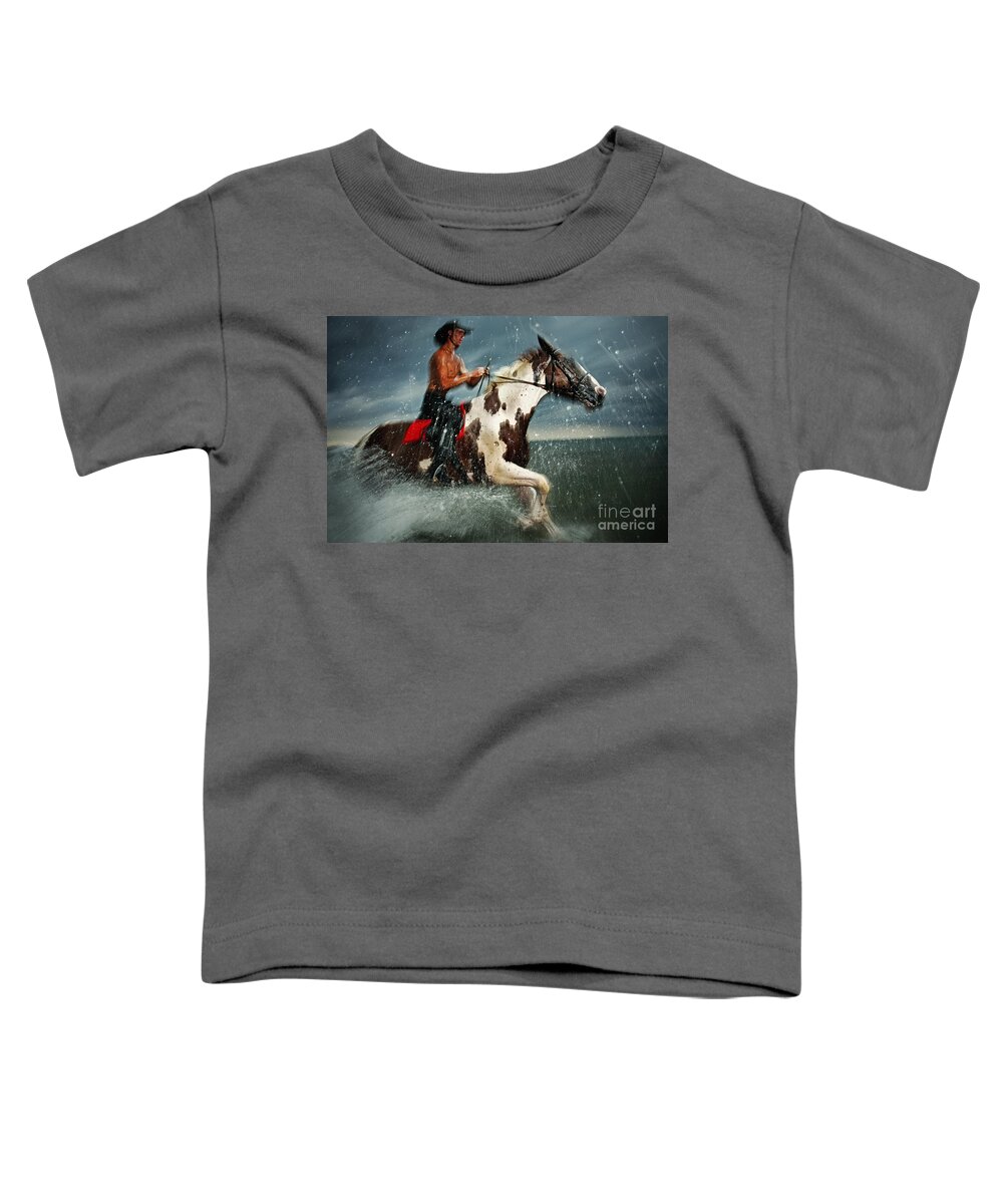 Horse Toddler T-Shirt featuring the photograph Paint horse running in the water by Dimitar Hristov
