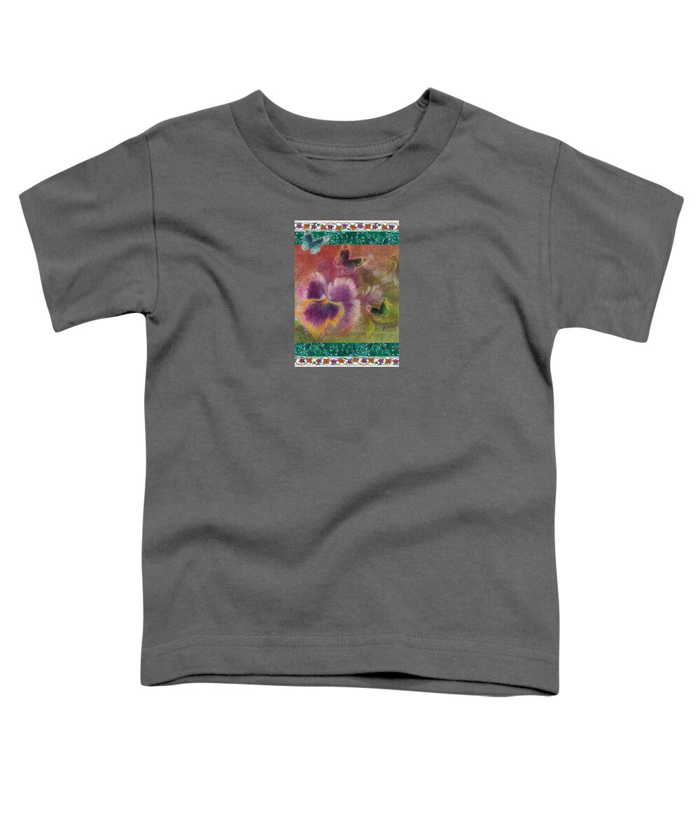 Illustrated Pansy Toddler T-Shirt featuring the painting Pansy Butterfly Asianesque border by Judith Cheng