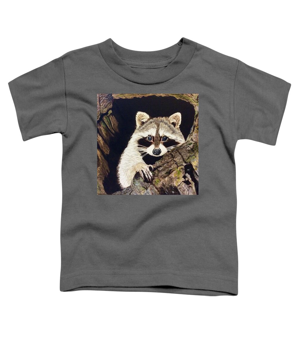 Racoon Toddler T-Shirt featuring the painting Peeking out by Sonja Jones