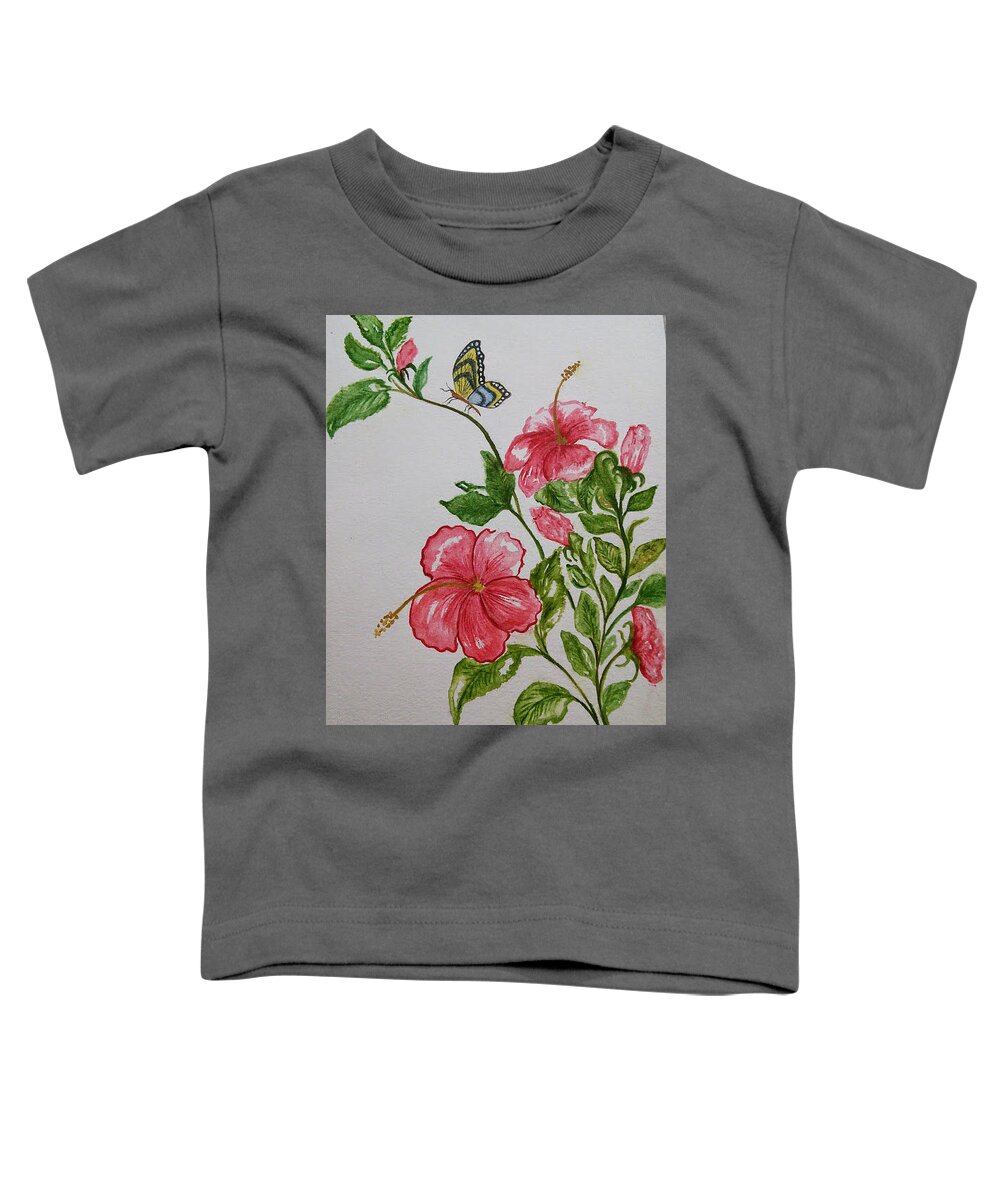 Floral Toddler T-Shirt featuring the painting Pink Hibiscus with Butterfly by Susan Nielsen