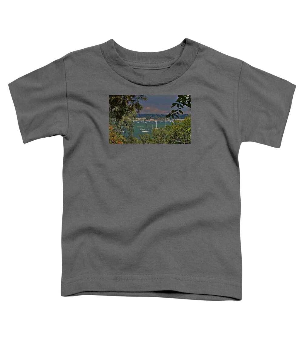 Poole Harbour Bay Water Dorset Sea Coast Landscape Seascape Outdoors Trees Boats Jet Ski Masts Buoys Blue Green White Brownsea Island Sky Bushes Toddler T-Shirt featuring the photograph Poole from Brownsea Island by Jeff Townsend