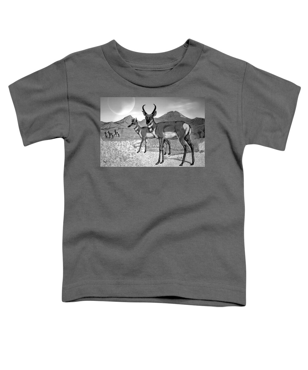 Prong-horn Toddler T-Shirt featuring the digital art Prong Horns In The Moonlight B and W by Joyce Dickens