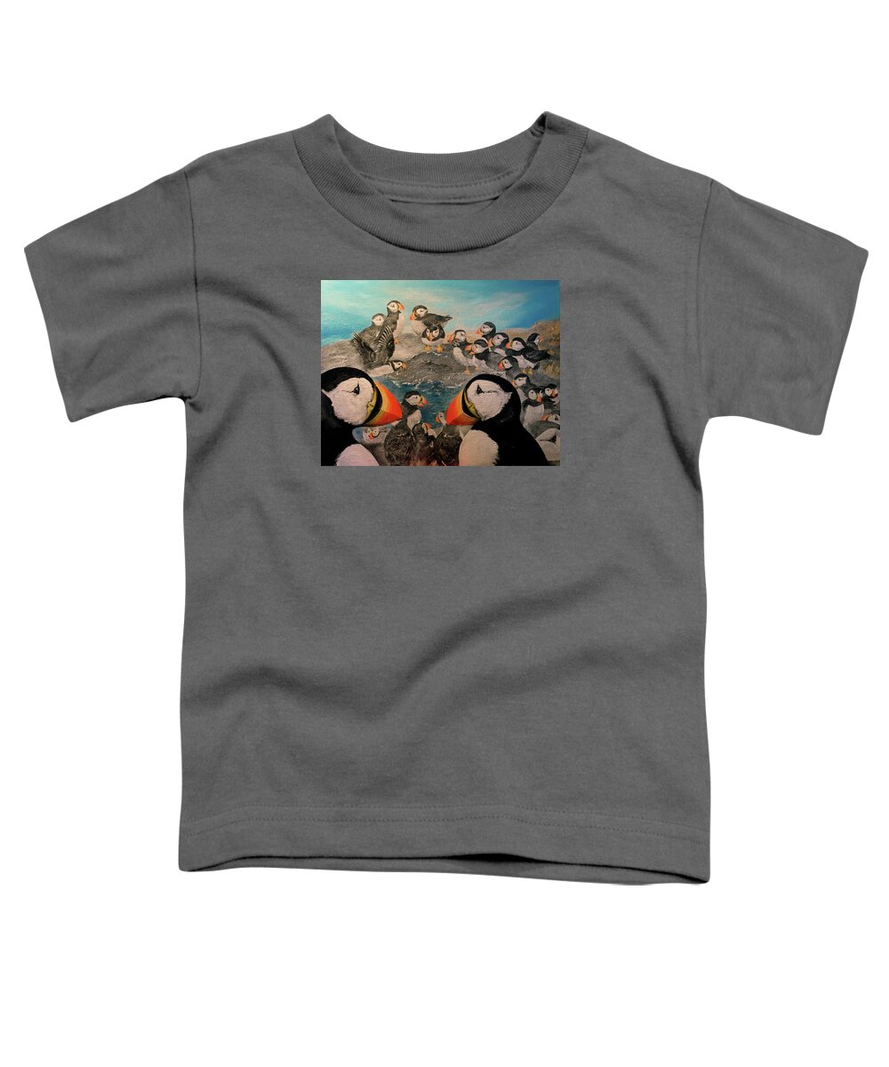 Animals Toddler T-Shirt featuring the painting Puffin Party by Leizel Grant