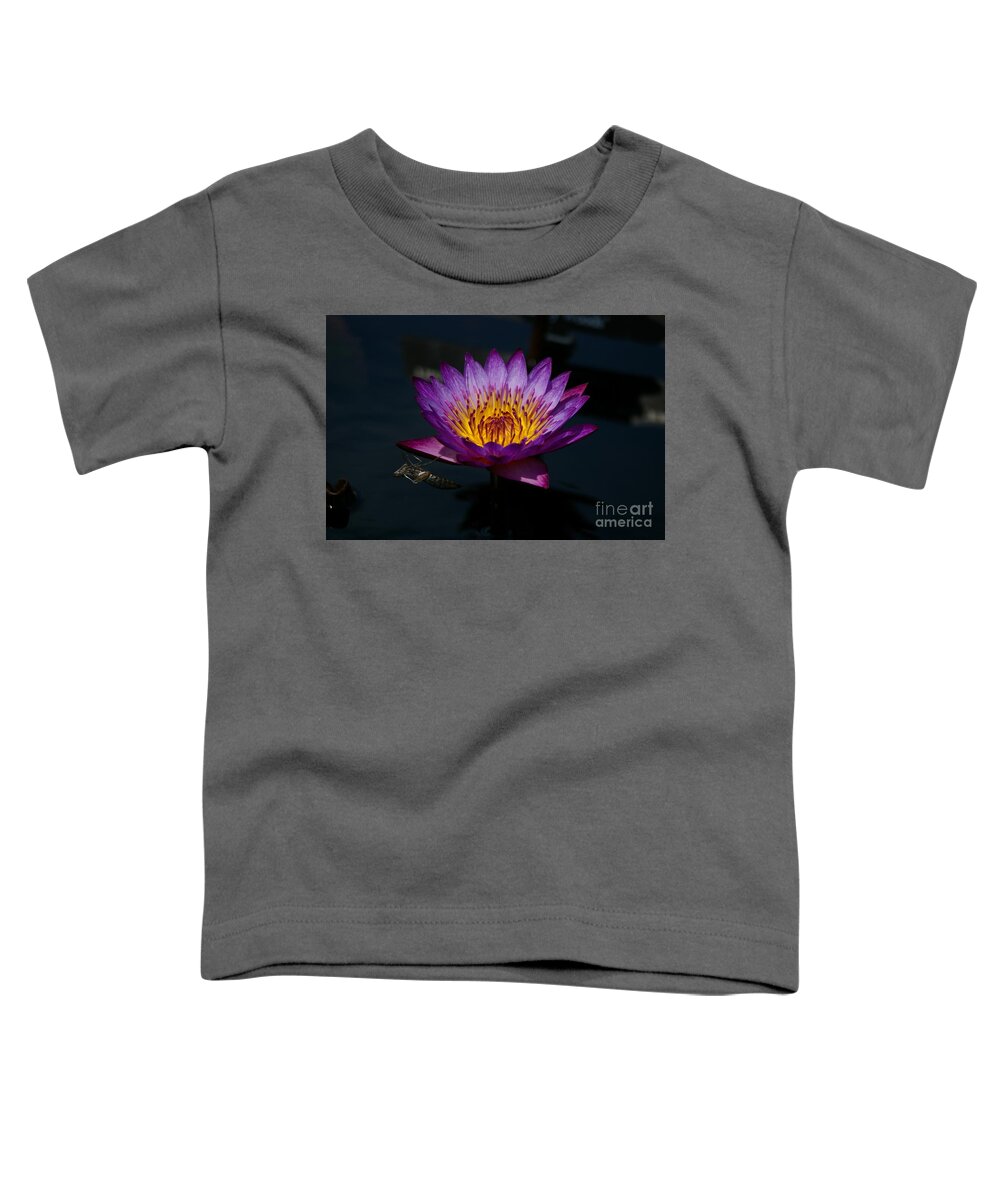 Dragonfly Toddler T-Shirt featuring the photograph Purple Lotus and Dragonfly Nymph by Jackie Irwin