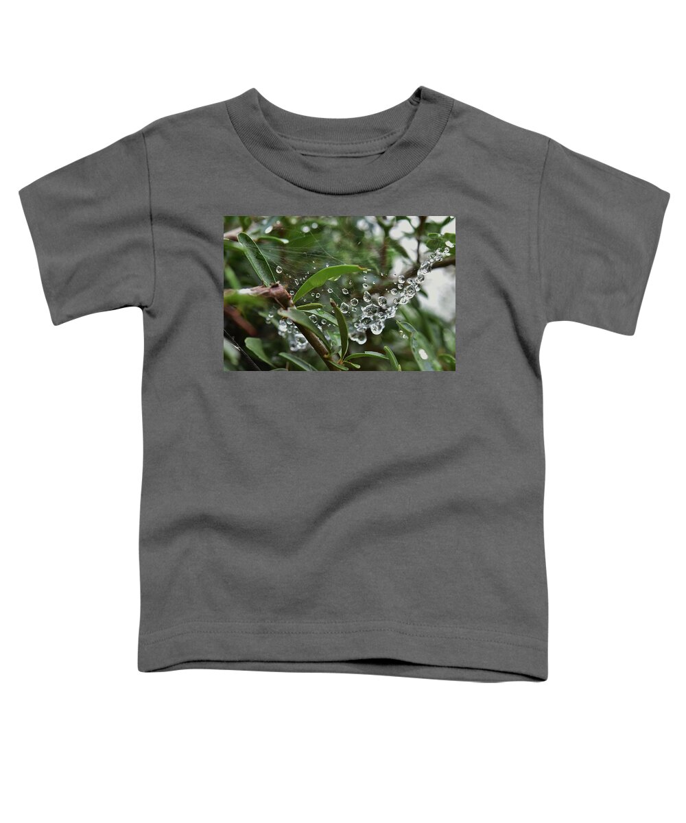 Linda Brody Toddler T-Shirt featuring the photograph Raindrops on Spider Web I by Linda Brody