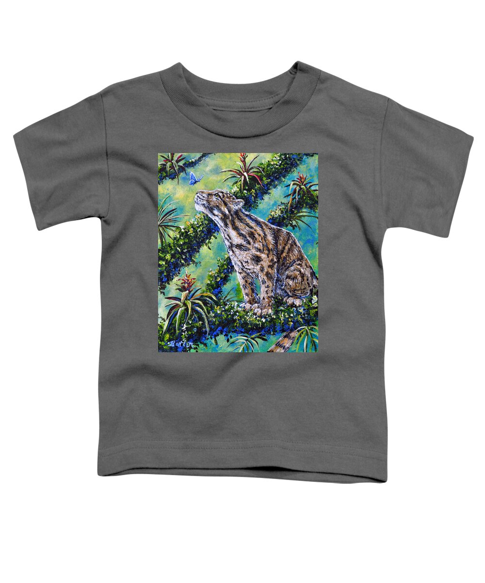 Nature Cat Leopard Rainforest Butterfly Green Toddler T-Shirt featuring the painting Rainforest Encounter by Gail Butler