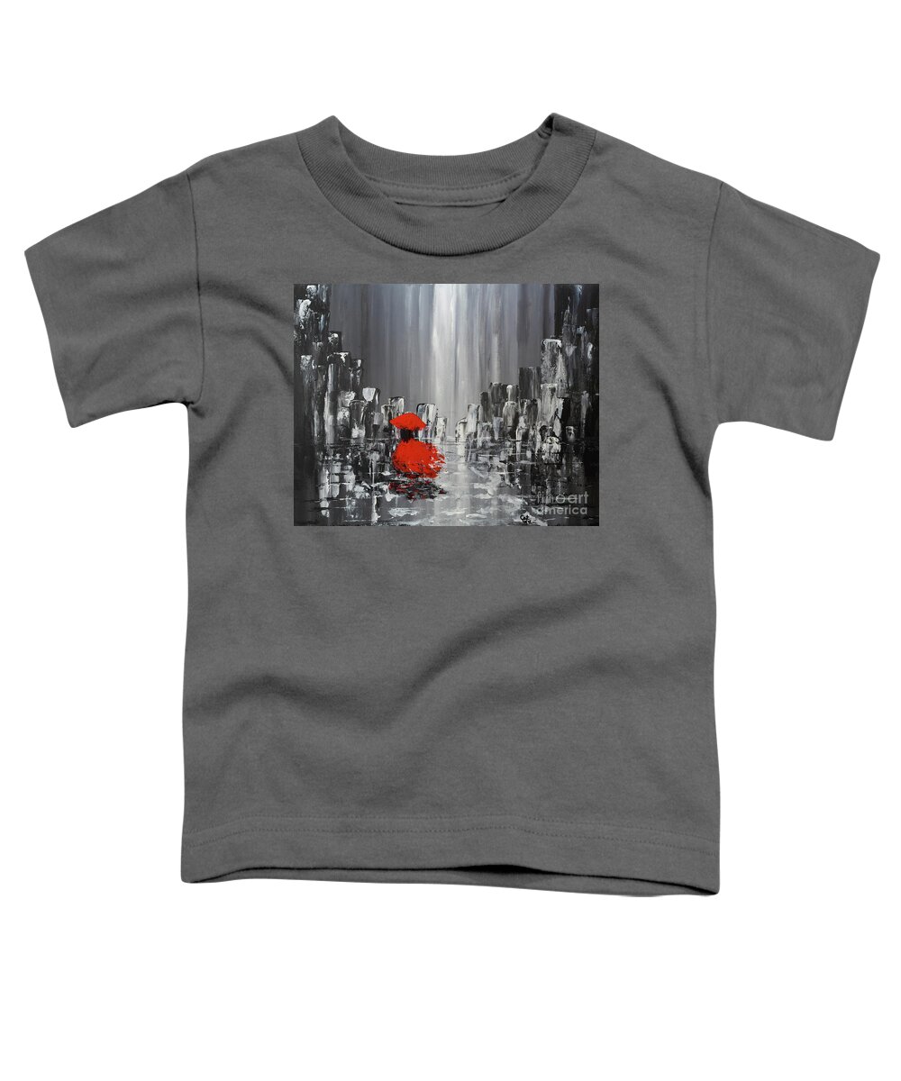 Abstract Painting Toddler T-Shirt featuring the painting Rainy Day City Girl In Red by Catalina Walker