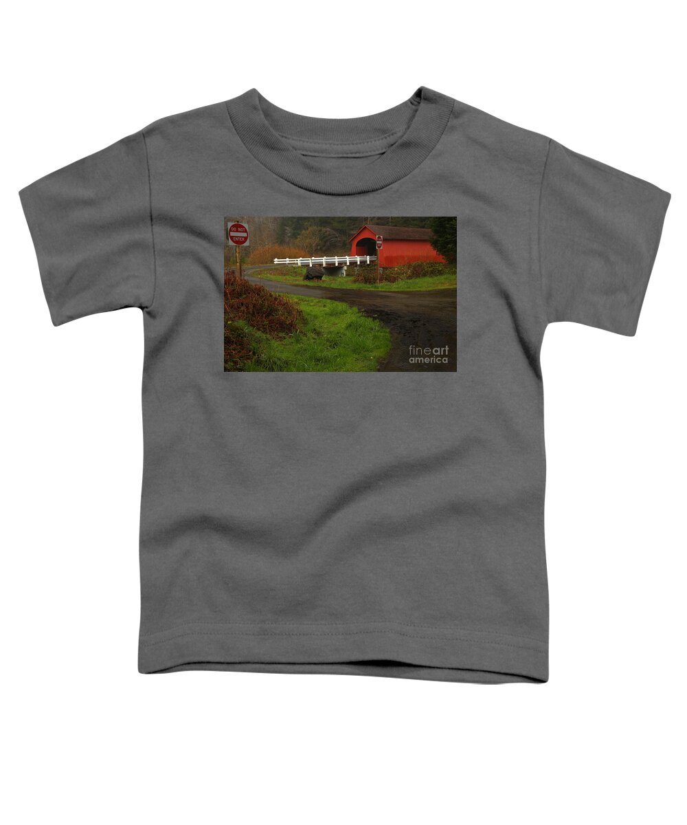 Fisher Covered Bridge Toddler T-Shirt featuring the photograph Red Bridge On A Dreary Day by Adam Jewell