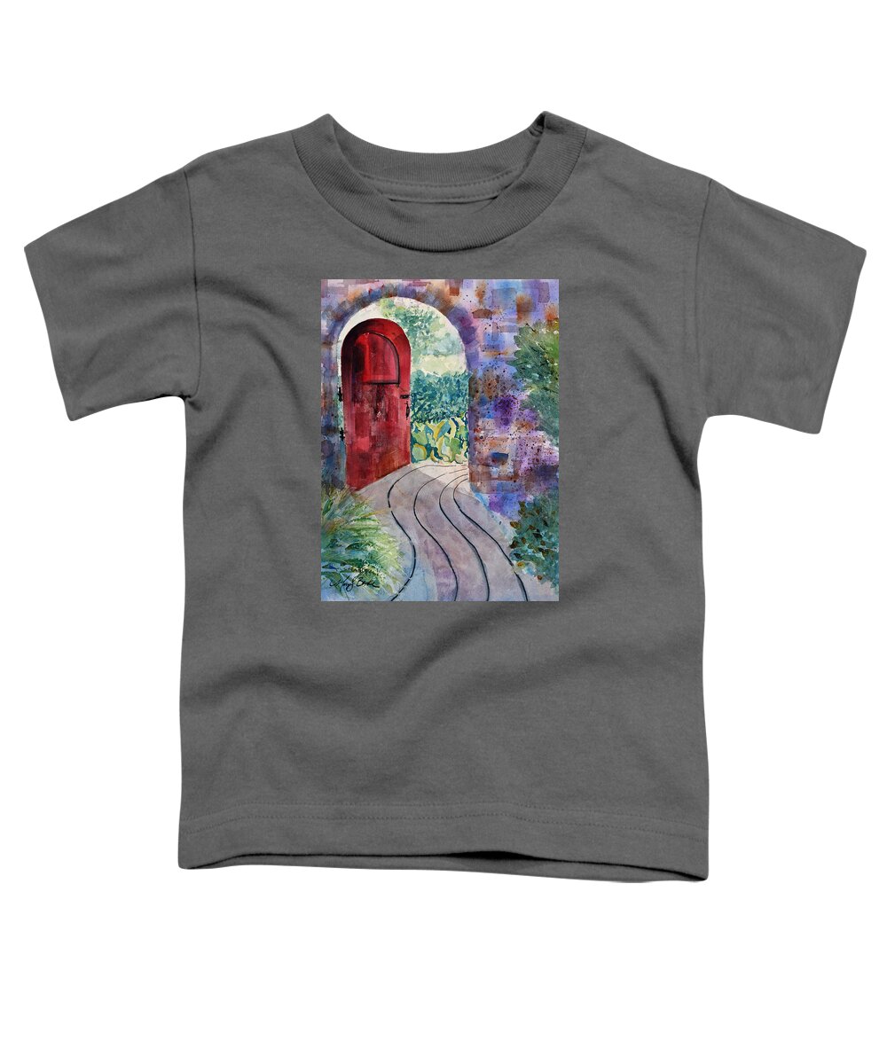 Red Toddler T-Shirt featuring the painting Red Door by Mary Benke