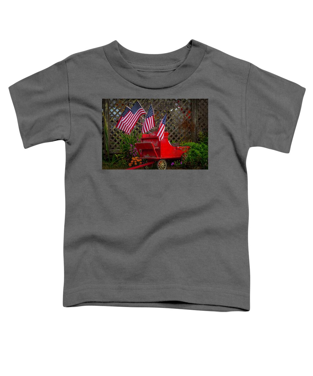 Red Toddler T-Shirt featuring the photograph Red Wagon With Flags by Garry Gay
