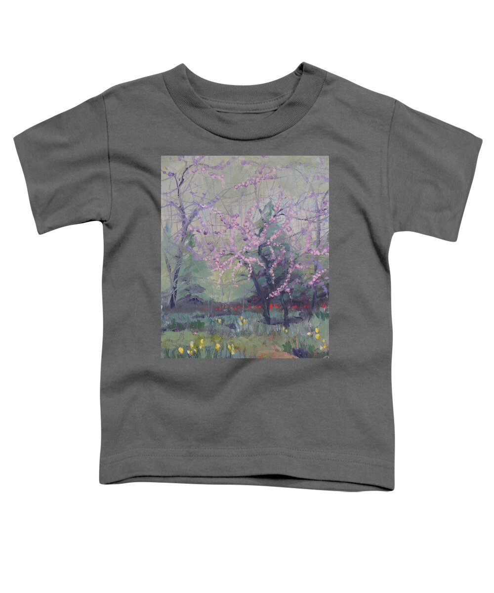 Redbuds Toddler T-Shirt featuring the painting Redbuds and Tulips by Judy Fischer Walton