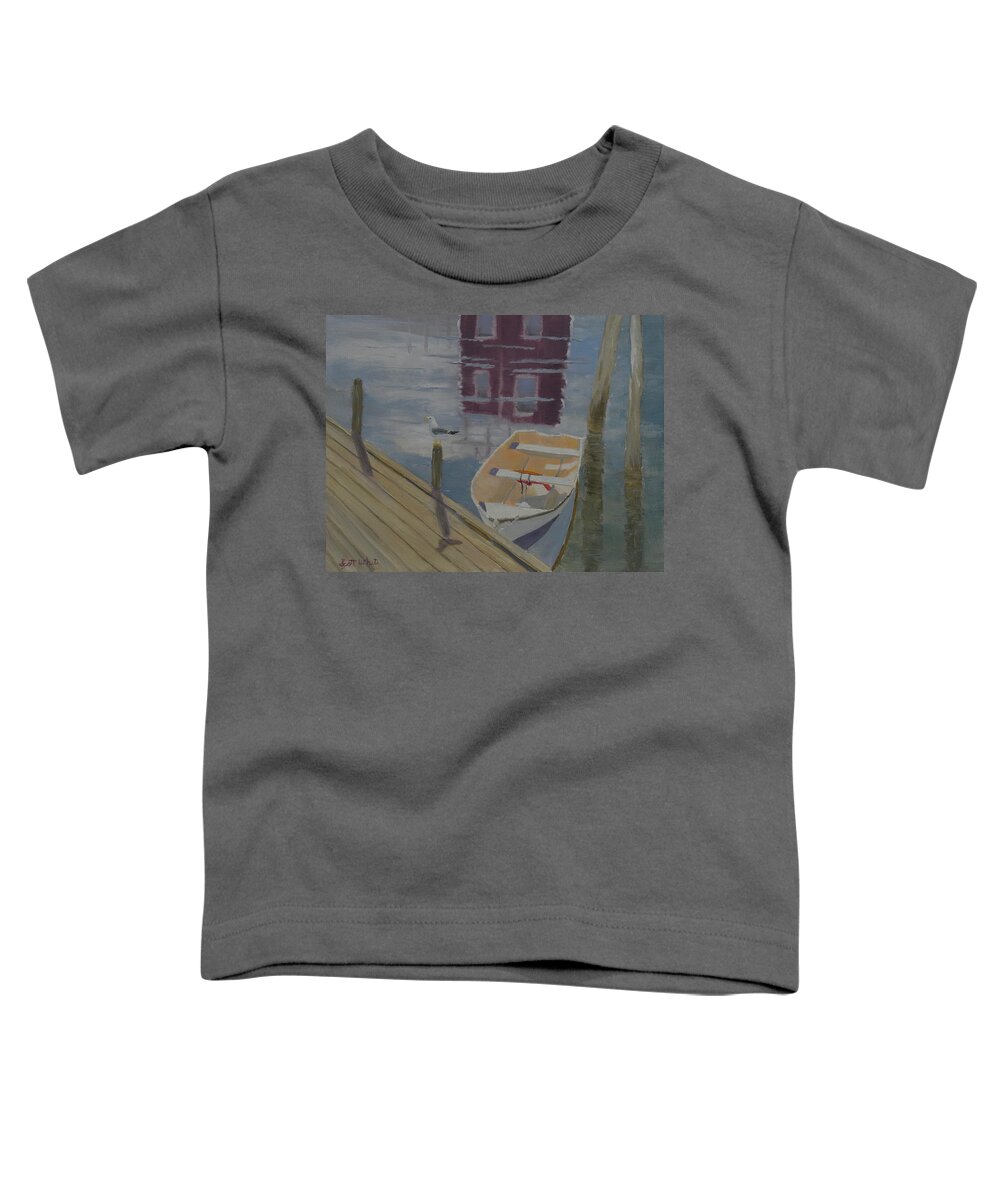 Reflection Red Boat Dock Harbor Seagull Ocean Building Landscape Toddler T-Shirt featuring the painting Reflection In Red by Scott W White