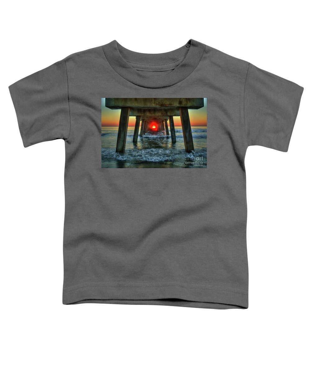 Reid Callaway Red Line Sunrise Toddler T-Shirt featuring the photograph Resplendent Red Dot Tybee Island Pier Sunrise Seascape Art by Reid Callaway