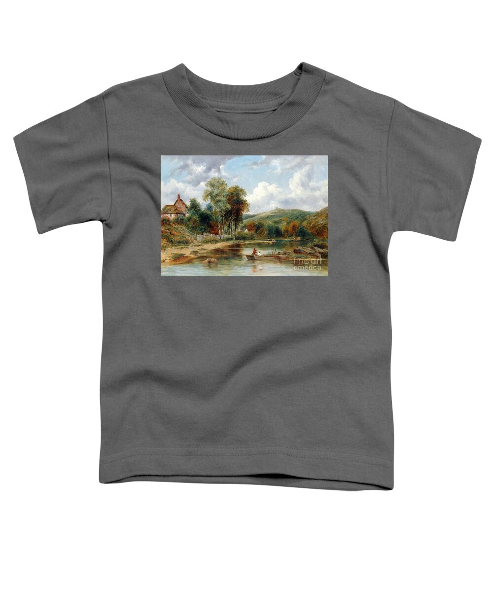 Frederick Waters Watts - River Landscape With Two Boys In A Boat Fishing Toddler T-Shirt featuring the painting River Landscape with Two Boys by MotionAge Designs