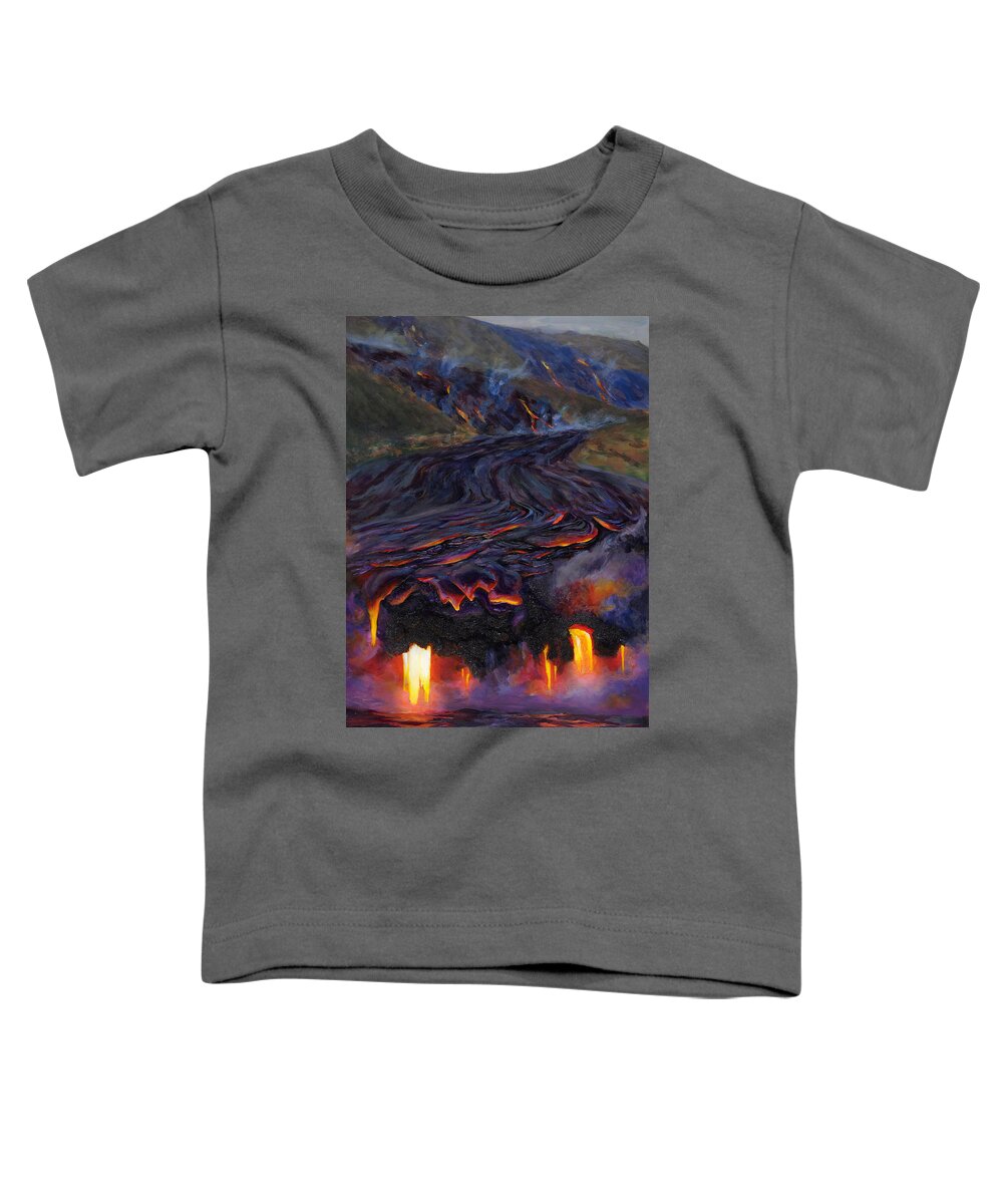 Hot Lava Toddler T-Shirt featuring the painting River of Fire - Kilauea Volcano Eruption Lava Flow Hawaii Contemporary Landscape Decor by K Whitworth