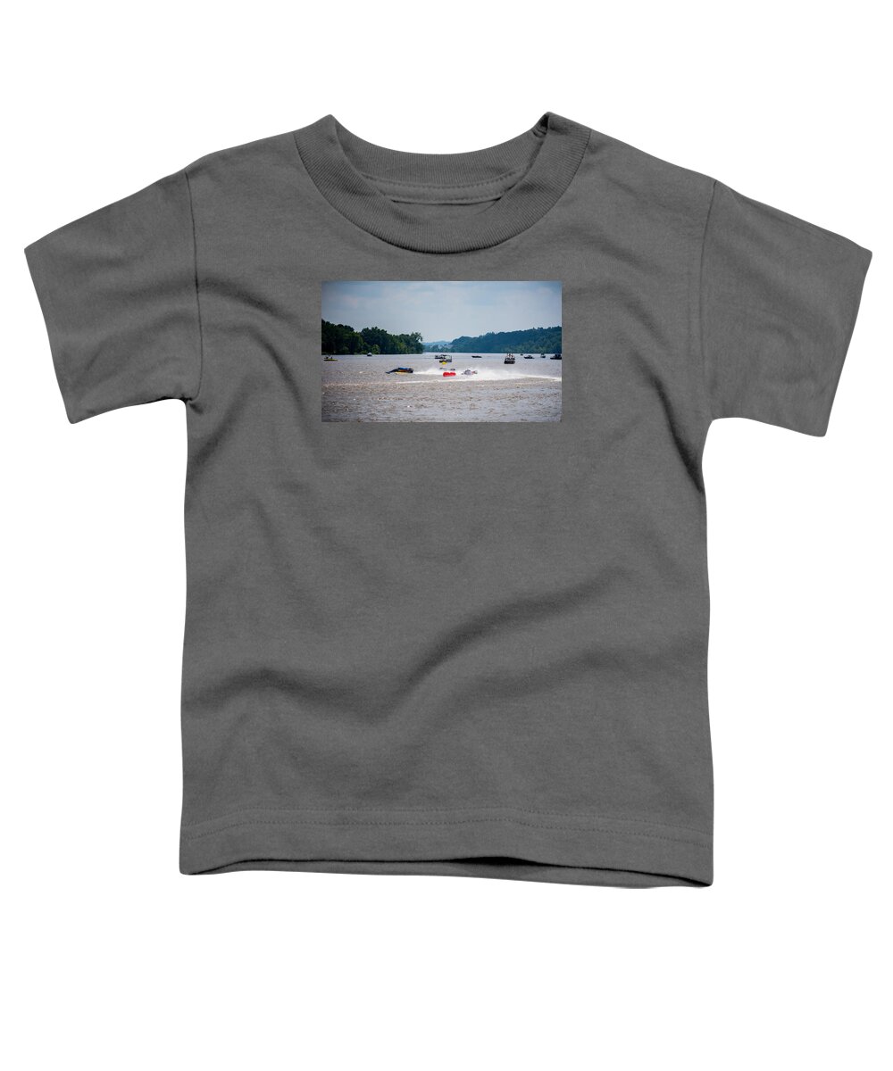 Riverfront Roar Toddler T-Shirt featuring the photograph Riverfront Roar- Taking The Turn by Holden The Moment