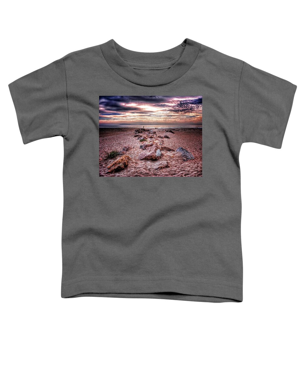 Sand Rock Sky Sunset Beach Water Ocean Toddler T-Shirt featuring the photograph Rocky Beach by Wendell Ward