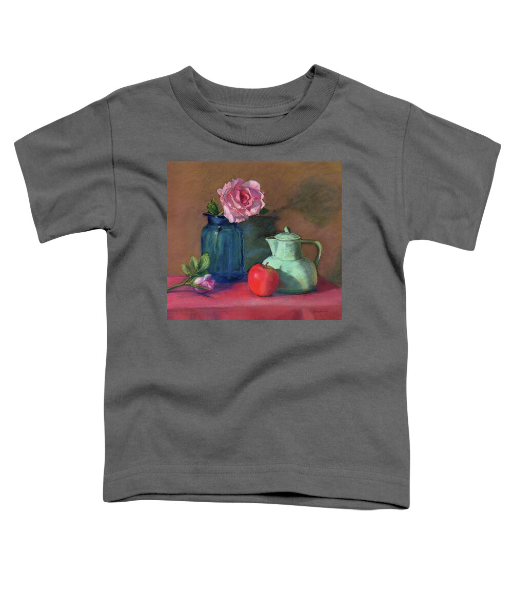 Rose Toddler T-Shirt featuring the painting Rose in Blue Jar by Vikki Bouffard