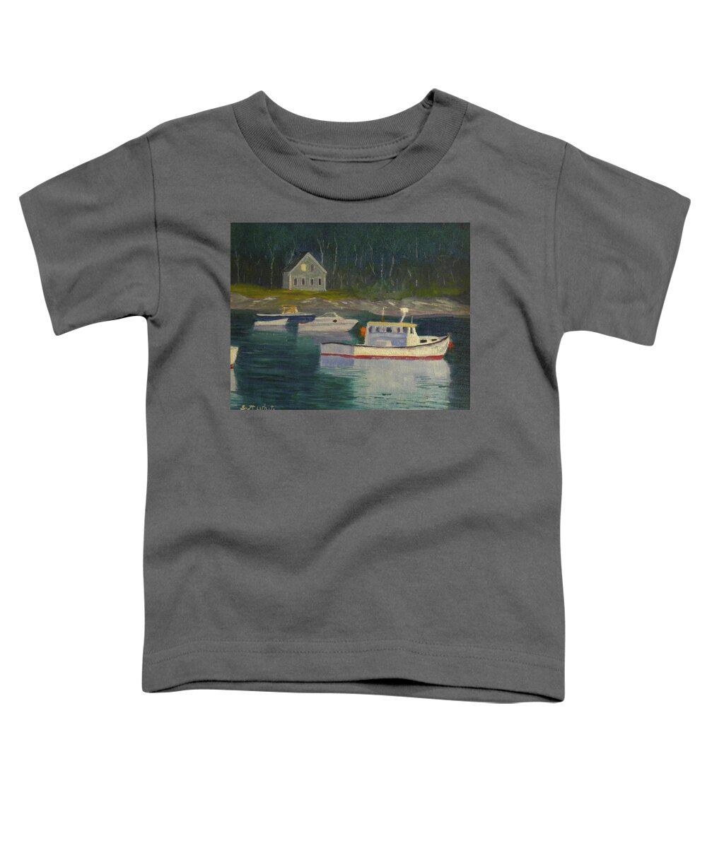 Landscape Boats Homes Water Pond Rocks Toddler T-Shirt featuring the painting Round Pond Fading Light by Scott W White