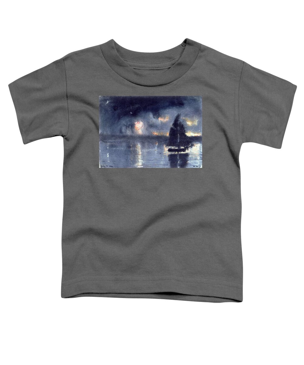 Winslow Homer Toddler T-Shirt featuring the drawing Sailboat and Fourth of July Fireworks by Winslow Homer