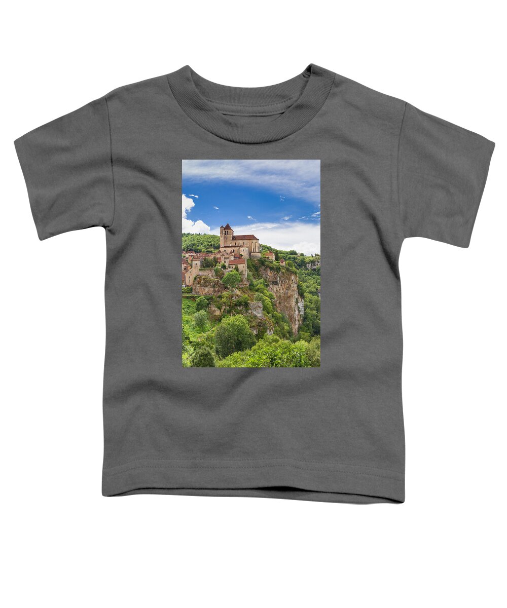Blue Toddler T-Shirt featuring the photograph Saint Circ Lapopie in France against a blue sky by Semmick Photo