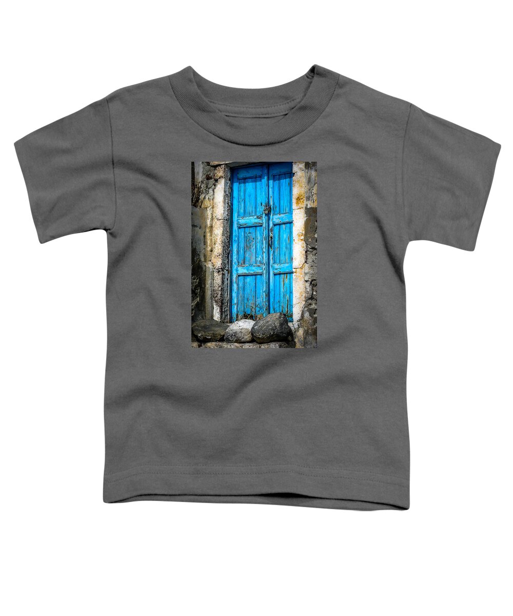 Santorini Toddler T-Shirt featuring the photograph Santorini Blue Door by Pamela Newcomb