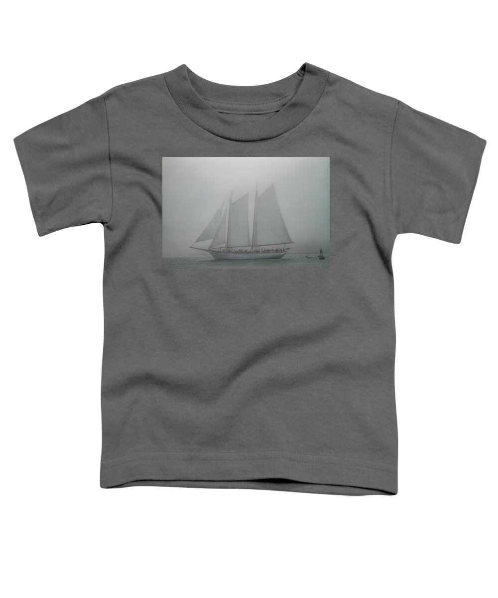 Bonnie Follett Toddler T-Shirt featuring the photograph Schooner in fog by Bonnie Follett