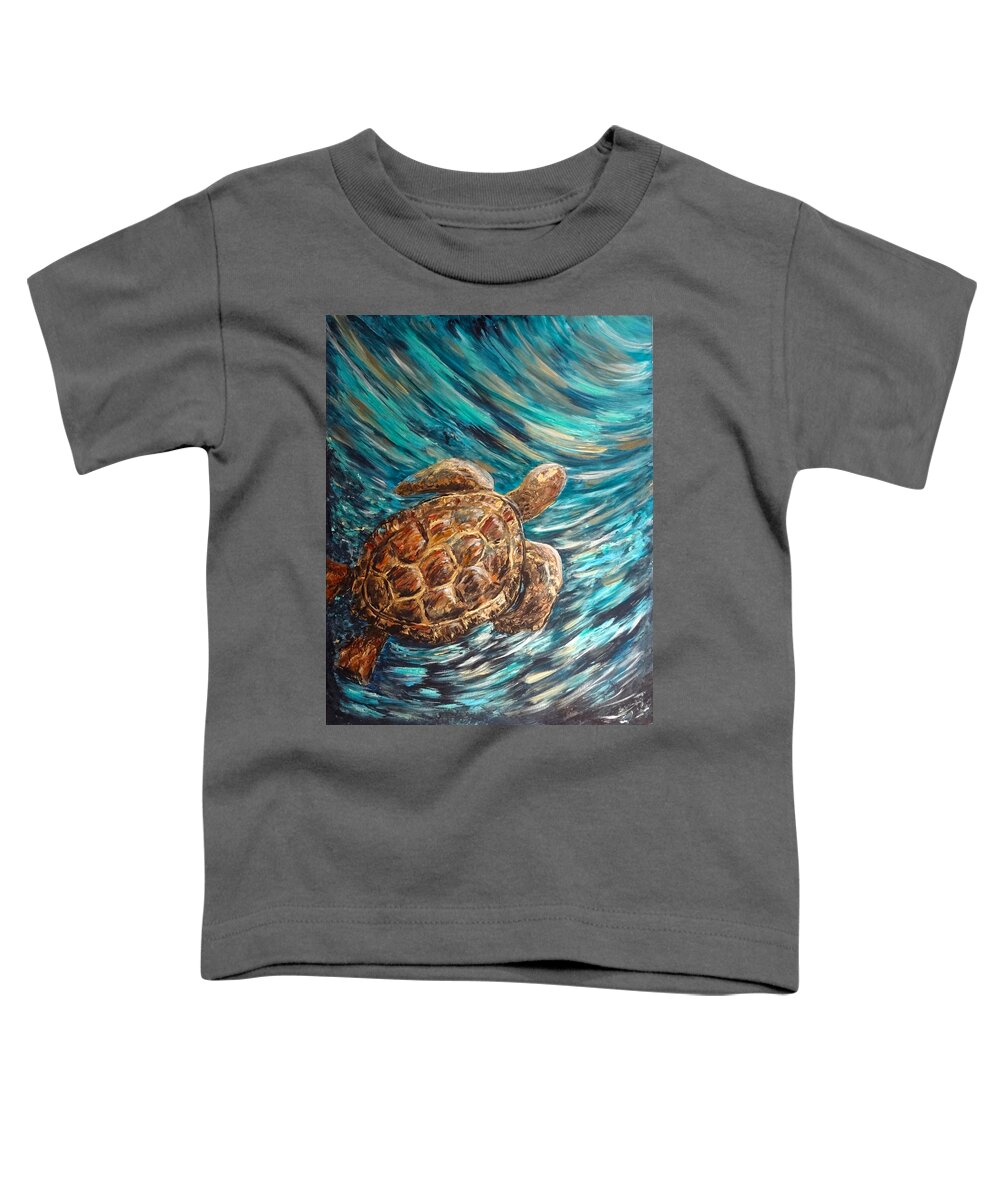Sea Toddler T-Shirt featuring the painting Sea Turtle Wave Guam by Michelle Pier
