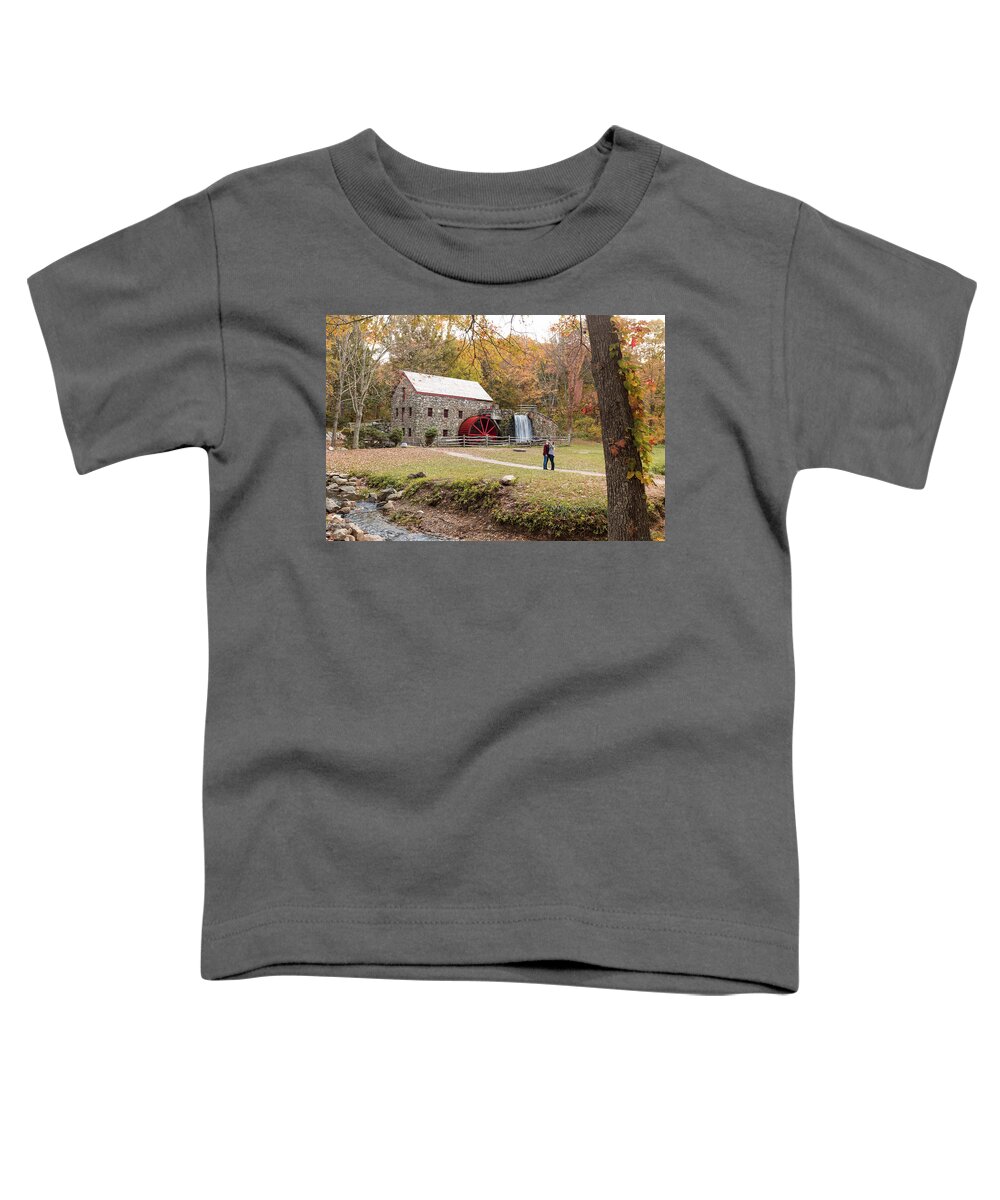 Sudbury Grist Mill Water Fall Waterfall Wheel Waterwheel Outside Outdoors Selfie Couple People Nature Natural Leaves Leaf Ma Mass Massachusetts Autumn Brian Hale Brianhalephoto Newengland New England Usa Architecture Historic Tree Trees Toddler T-Shirt featuring the photograph Selfie in Autumn by Brian Hale