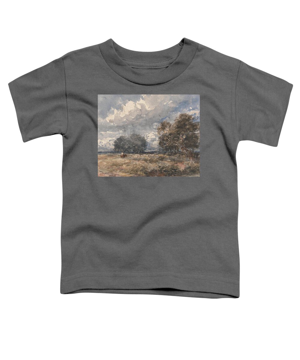 Shepherding The Flock Toddler T-Shirt featuring the painting Shepherding the Flock Windy Day by David Cox 1848 by Celestial Images