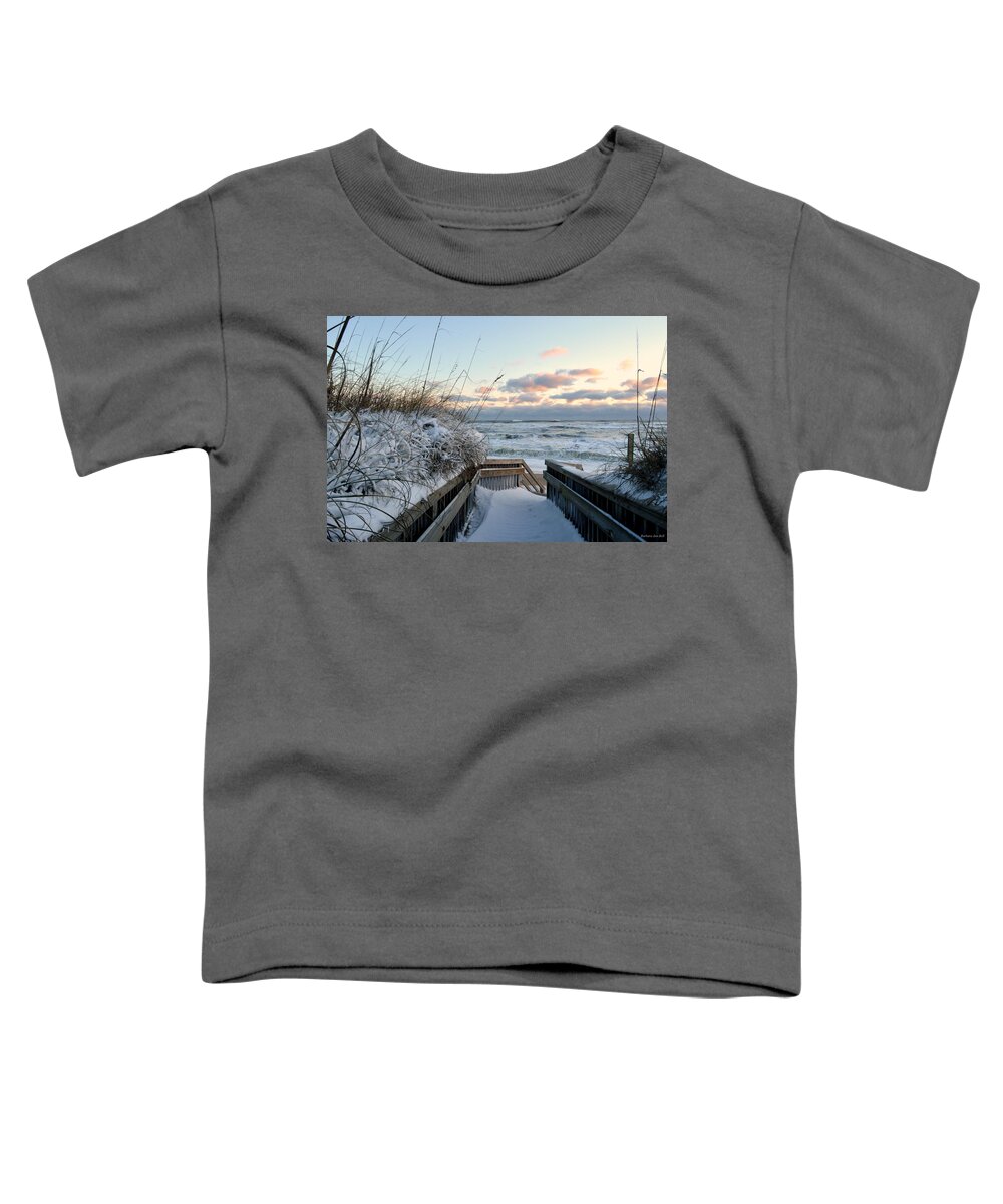 Obx Sunrise Toddler T-Shirt featuring the photograph Snow day at the Beach by Barbara Ann Bell