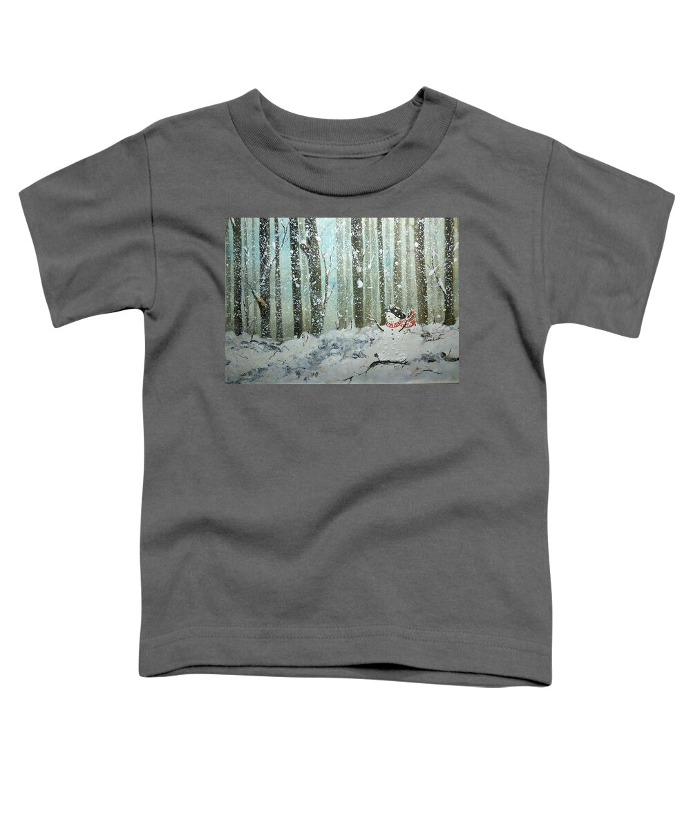  Christmas Toddler T-Shirt featuring the painting Snowman in Blizzard by Susan Nielsen