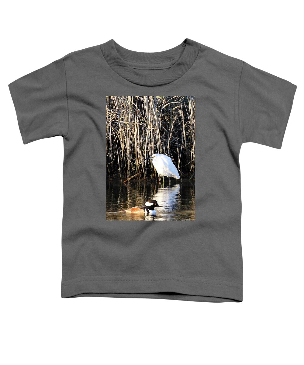Snowy Egret And A Guy From The Hood Toddler T-Shirt featuring the photograph Snowy Egret and a Guy from the Hood by Jennifer Robin