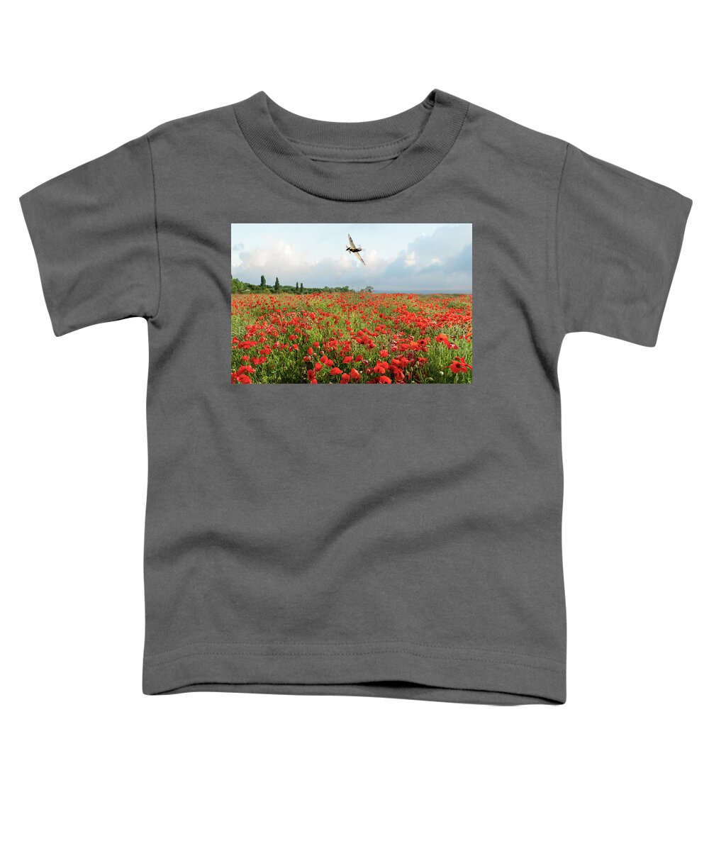 Spitfire Toddler T-Shirt featuring the photograph Spitfire over poppy field by Gary Eason