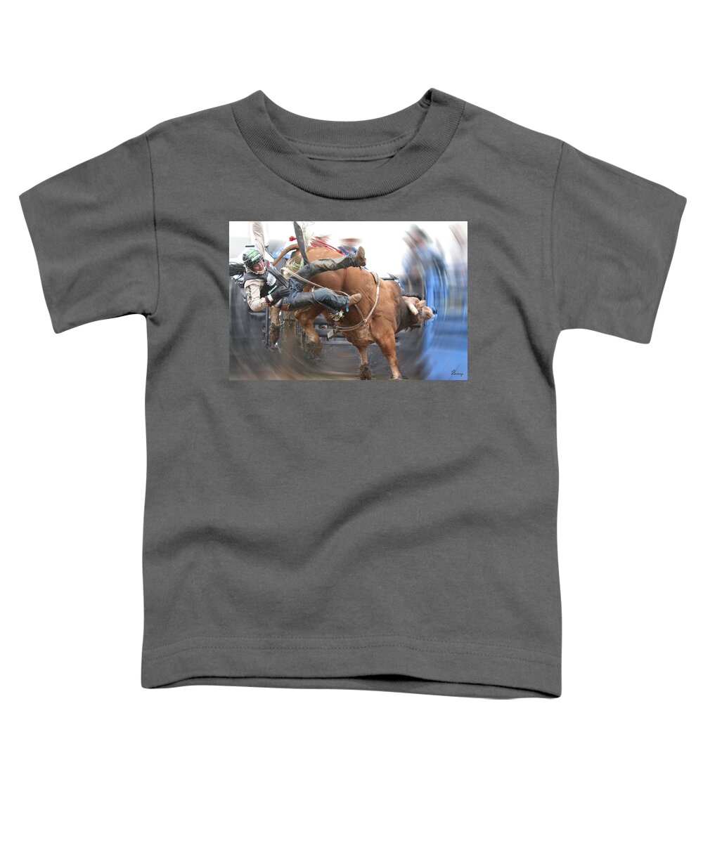 Cowboy Bull Riding Cow Rodeo Falling Entertainment Toddler T-Shirt featuring the photograph Split by Andrea Lawrence