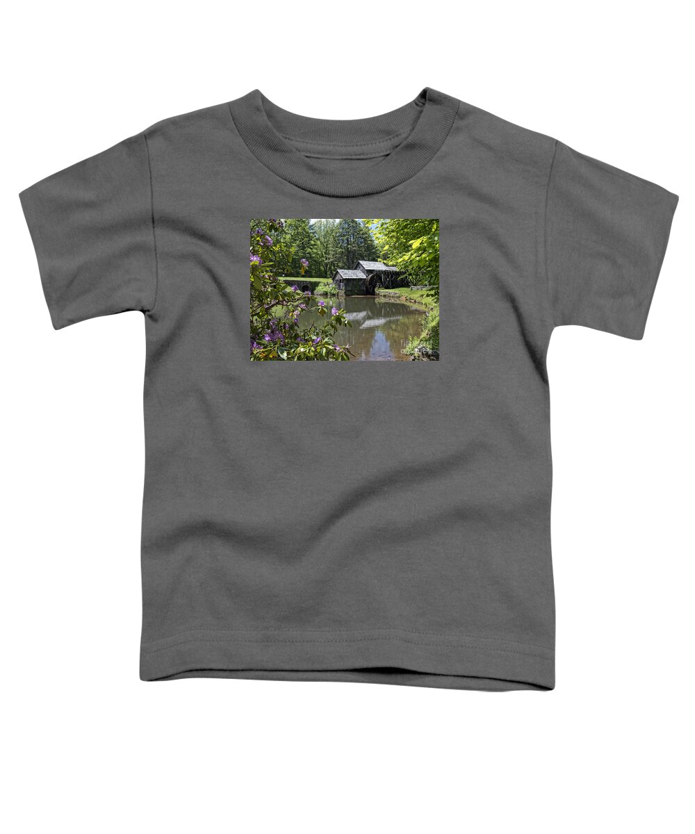 Mabry Toddler T-Shirt featuring the photograph Spring reflections of an Ancient Mill by Brenda Kean