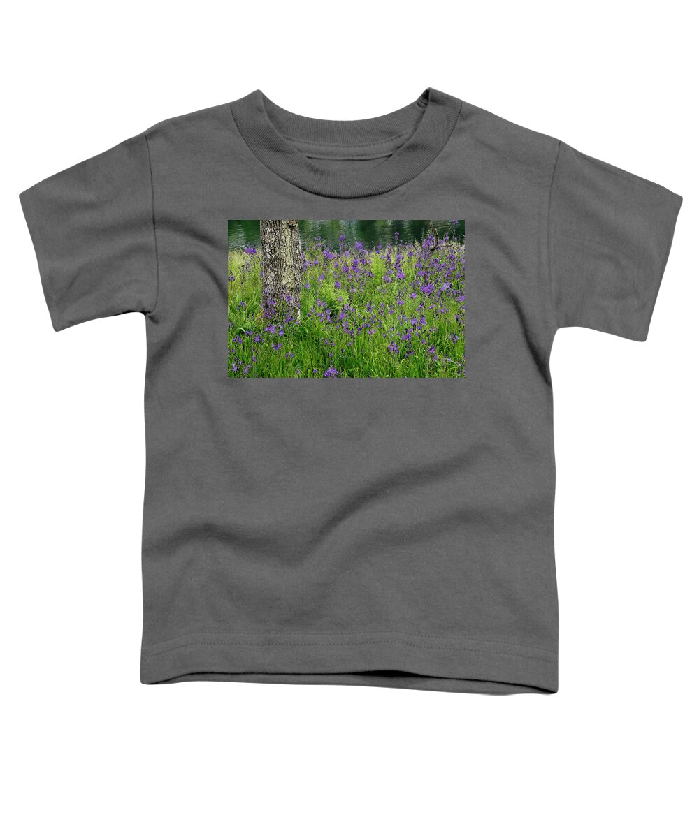 Camas Toddler T-Shirt featuring the photograph Spring wildflowers by Inge Riis McDonald
