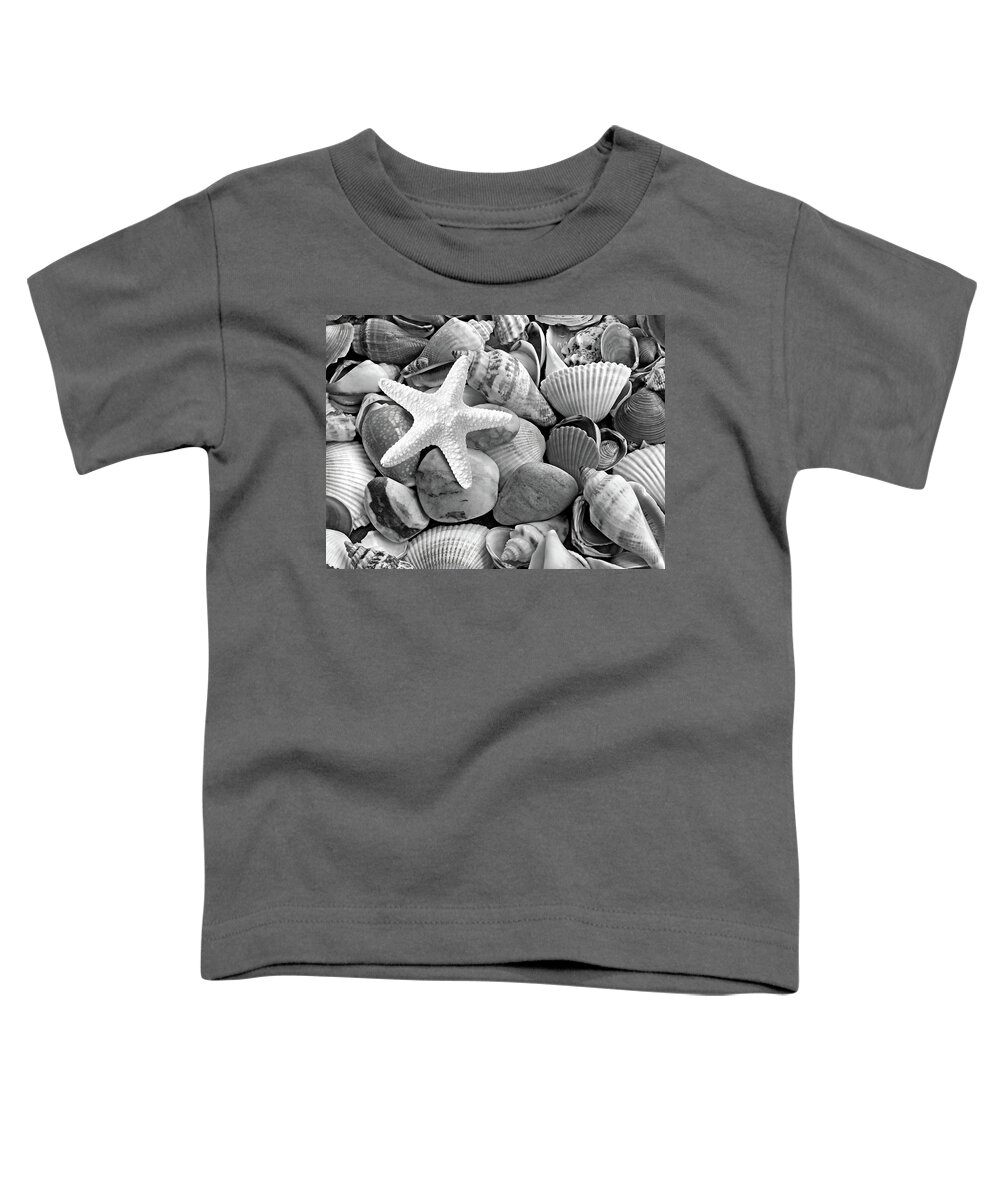 Black And White Seashell Toddler T-Shirt featuring the photograph Starfish with Shells and Pebbles Mono by Gill Billington