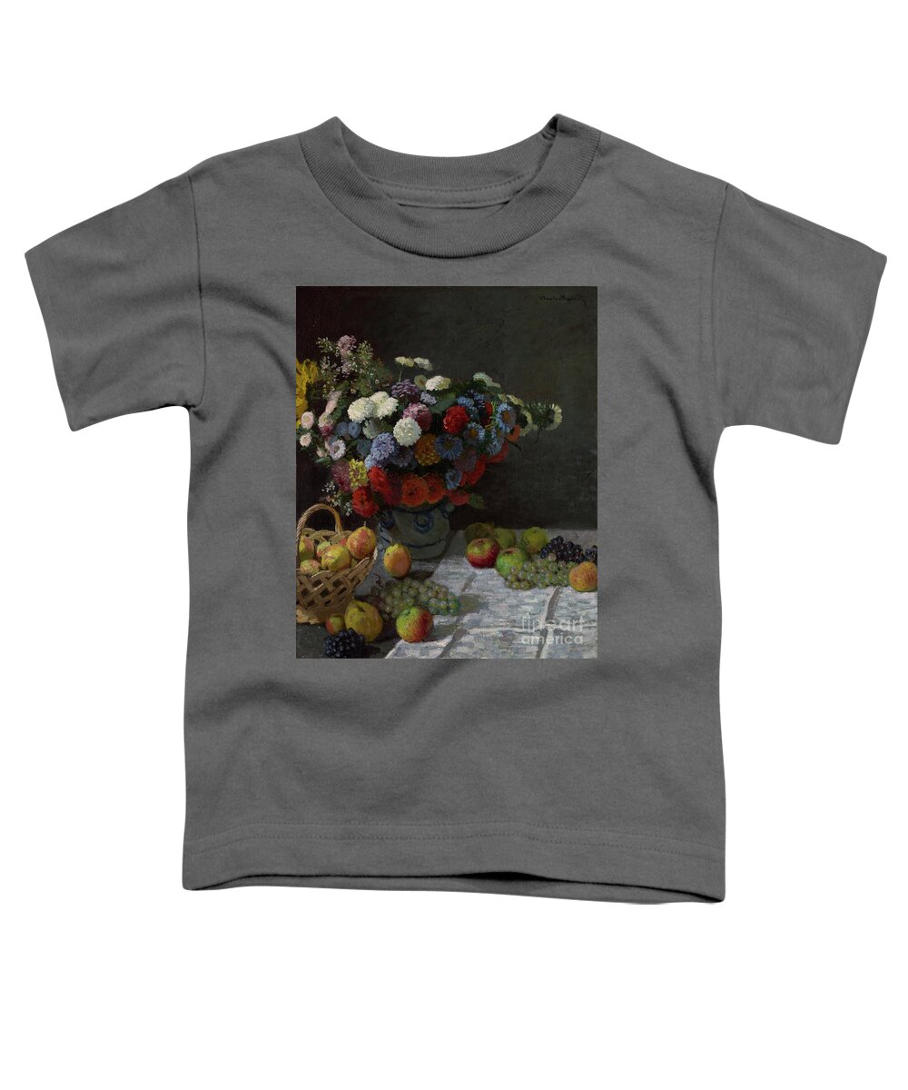 Famous Toddler T-Shirt featuring the painting Still Life with Flowers and Fruit by Claude Monet by Esoterica Art Agency