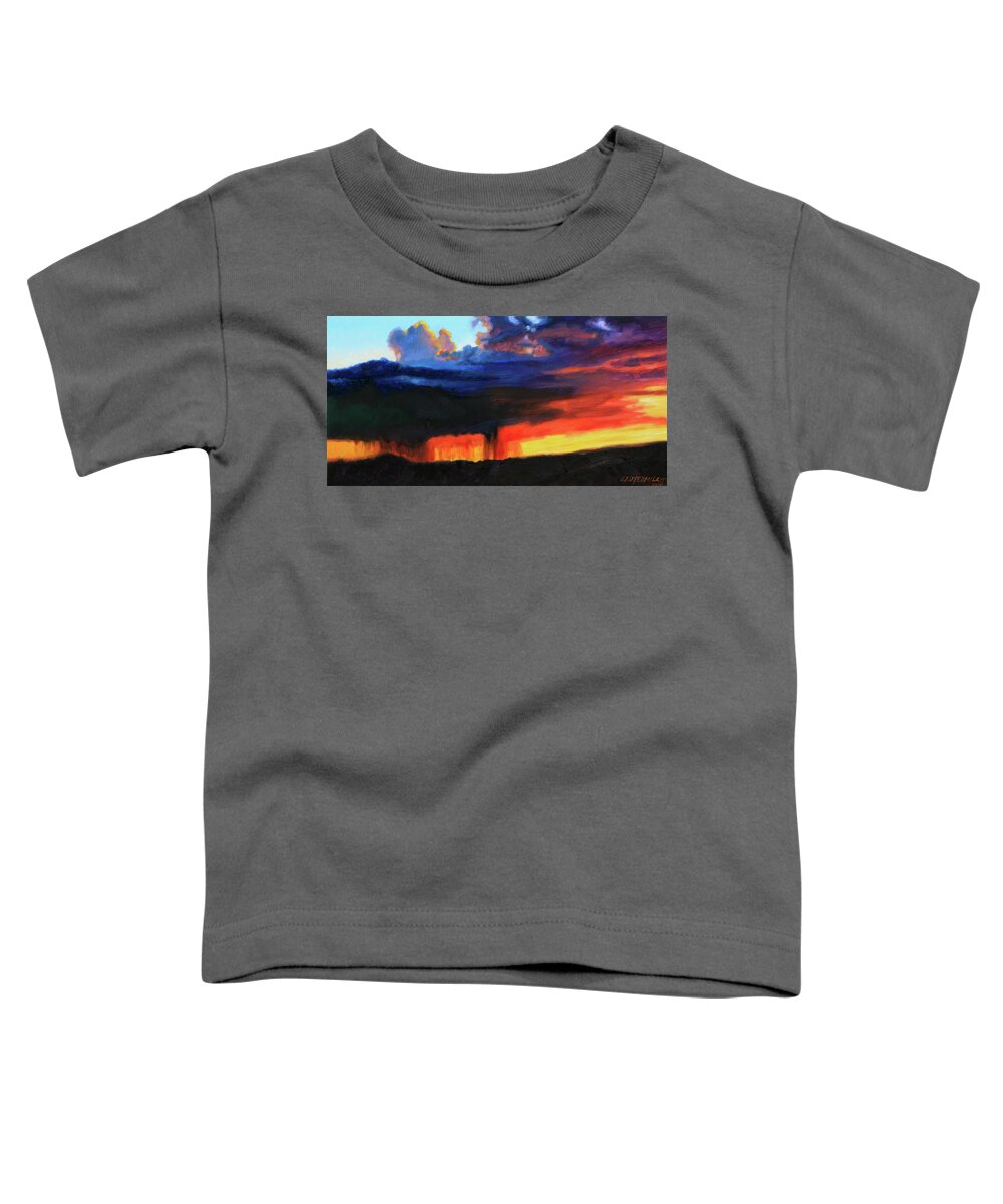 Sunset Toddler T-Shirt featuring the painting Sun Rain and Clouds by John Lautermilch