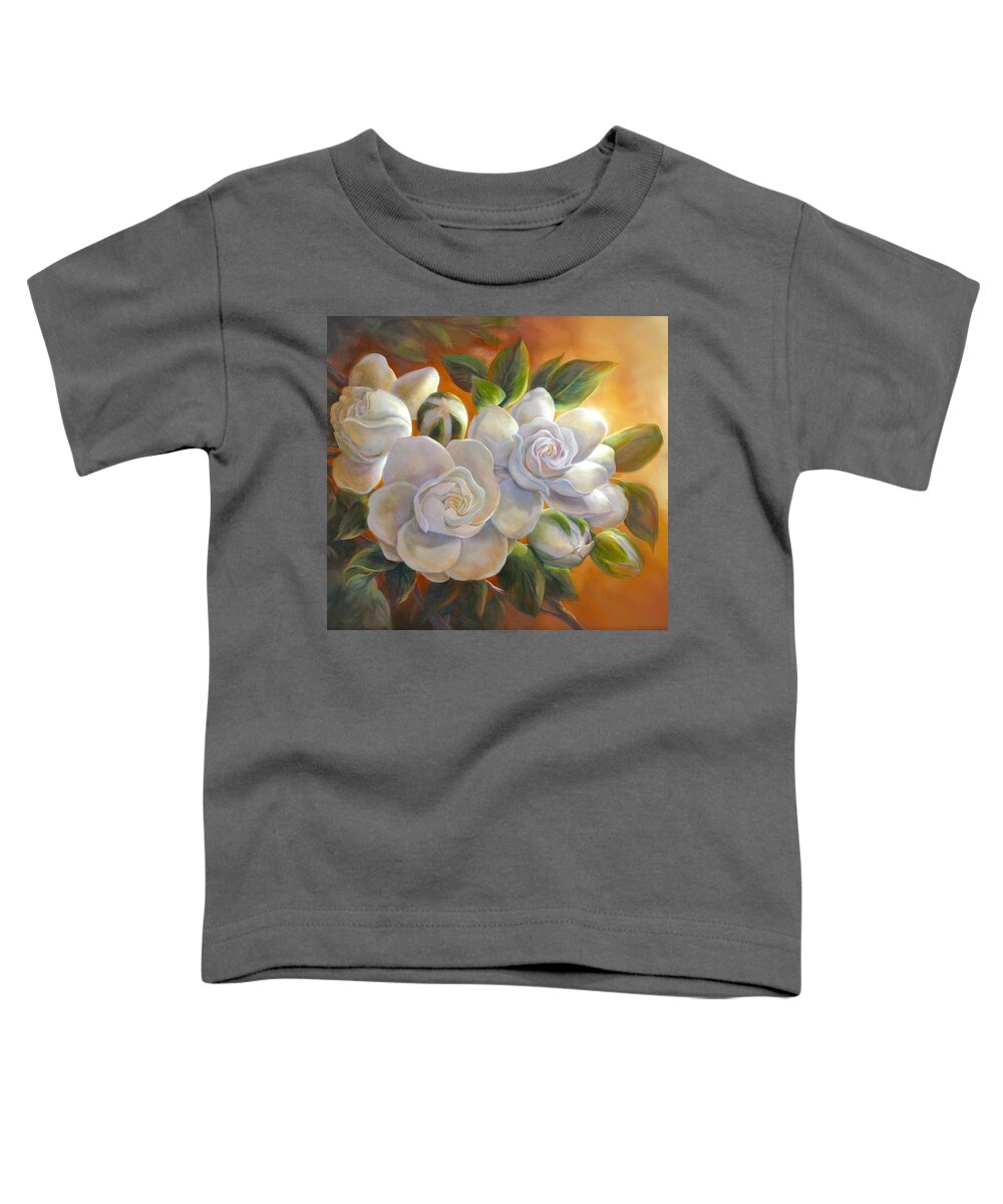 White Gardenia Toddler T-Shirt featuring the painting Sunkissed Gardenia by Lynne Pittard