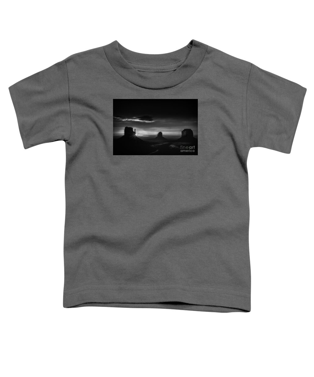 Sunrise At Monument Valley In Black And White Toddler T-Shirt featuring the photograph Sunrise at Monument Valley in Black and White by Priscilla Burgers