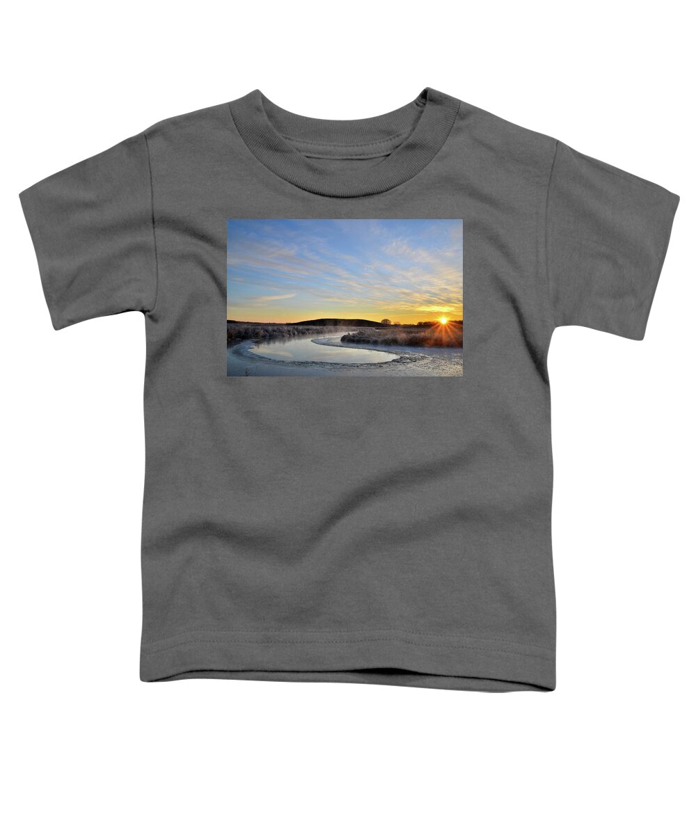 Glacial Park Toddler T-Shirt featuring the photograph Sunrise on Frozen, Frosted Nippersink Creek by Ray Mathis