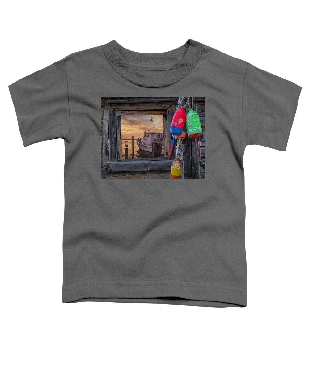 Coast Toddler T-Shirt featuring the photograph Sunrise Photograph of Boat with Gulls and Fishing Buoys by Randall Nyhof