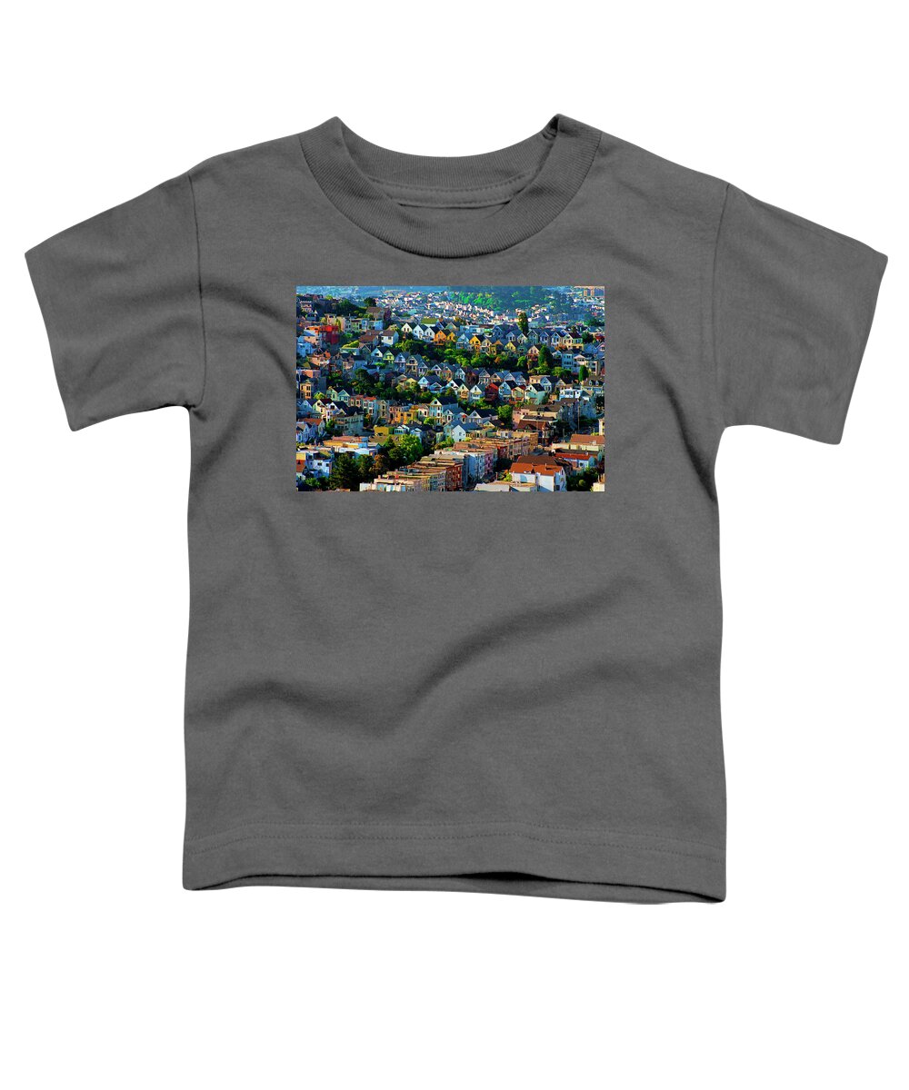 Noe Valley Toddler T-Shirt featuring the digital art Sunrise View Noe Valley San Francisco California 1988, Dry Brush Style by Kathy Anselmo