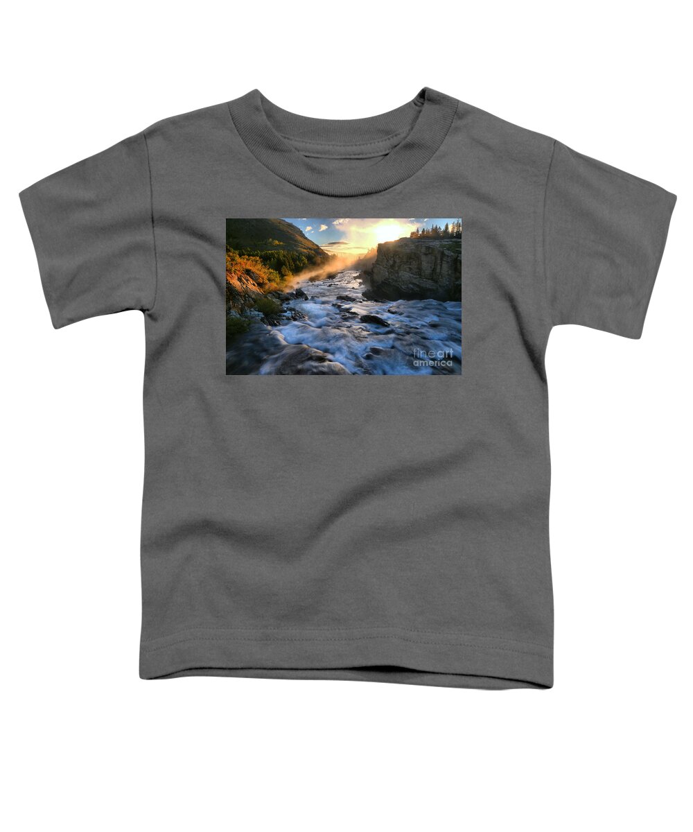Swiftcurrent Falls Toddler T-Shirt featuring the photograph Swiftcurrent Falls Fiery Sunrise by Adam Jewell