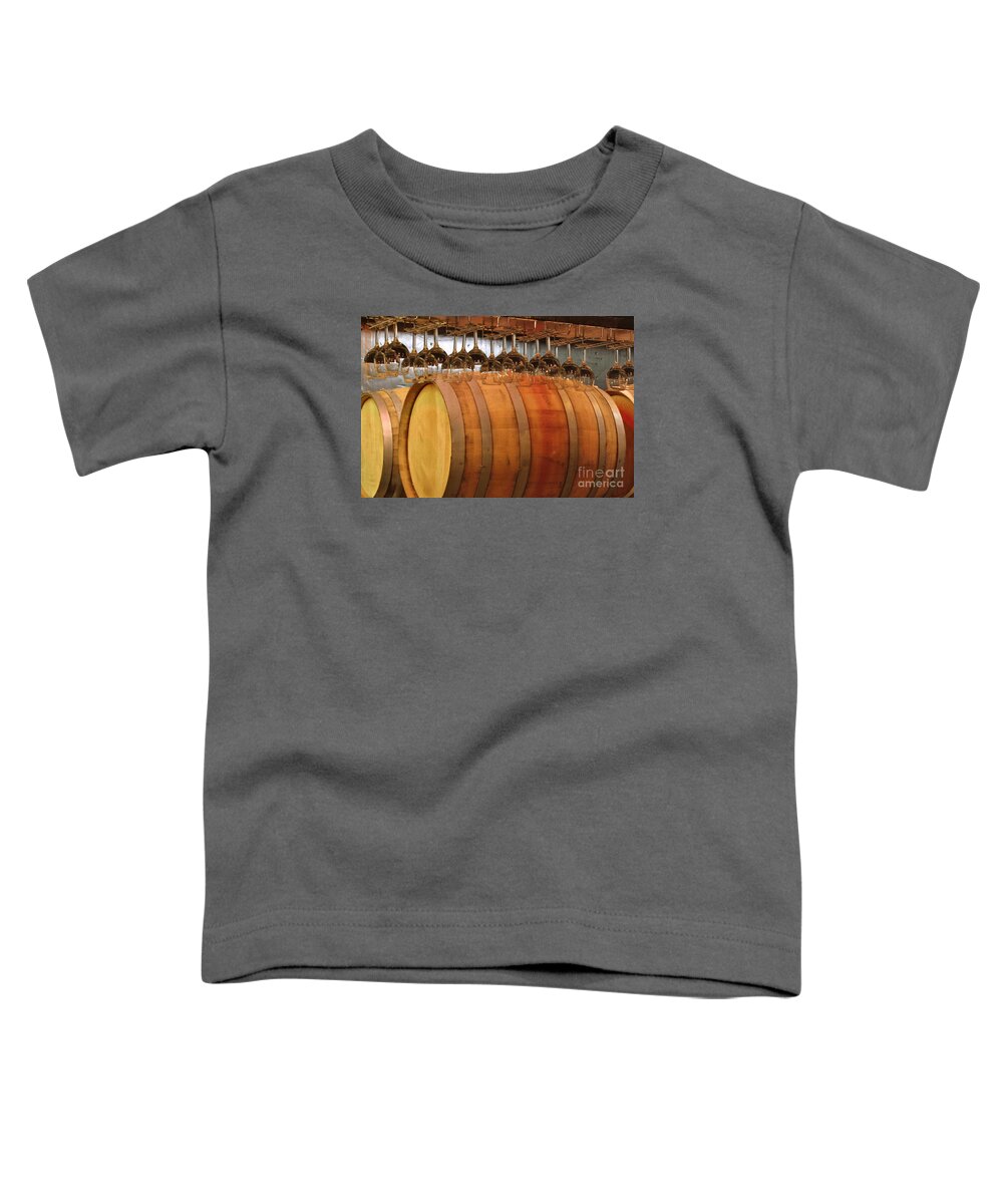 Vineyard Toddler T-Shirt featuring the photograph Tasting Room Barrels by Kathy Strauss