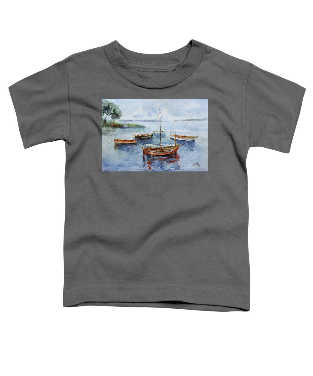 Bay Toddler T-Shirt featuring the painting The Boats On A Calm Bay by Faruk Koksal