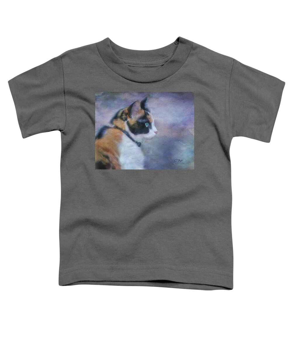 Cat Toddler T-Shirt featuring the digital art The Calico Staredown by Colleen Taylor